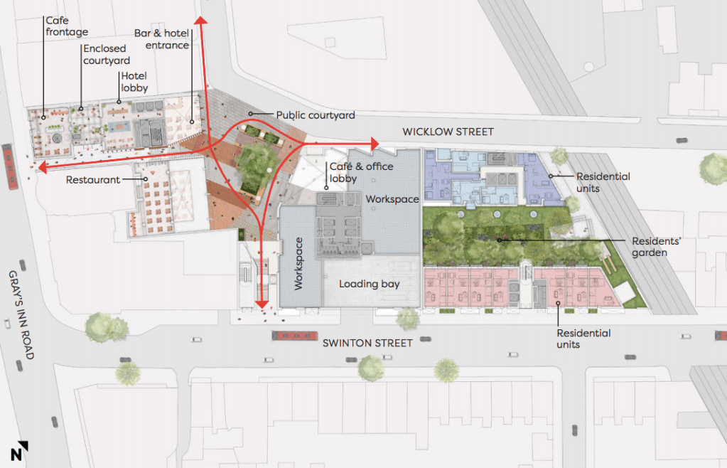 Plan view of different uses, Royal National Throat, Nose, and Ear hospital redevelopment.