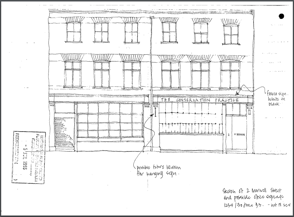 A sketch of 2-3 Morwell Street, including the shopfronts